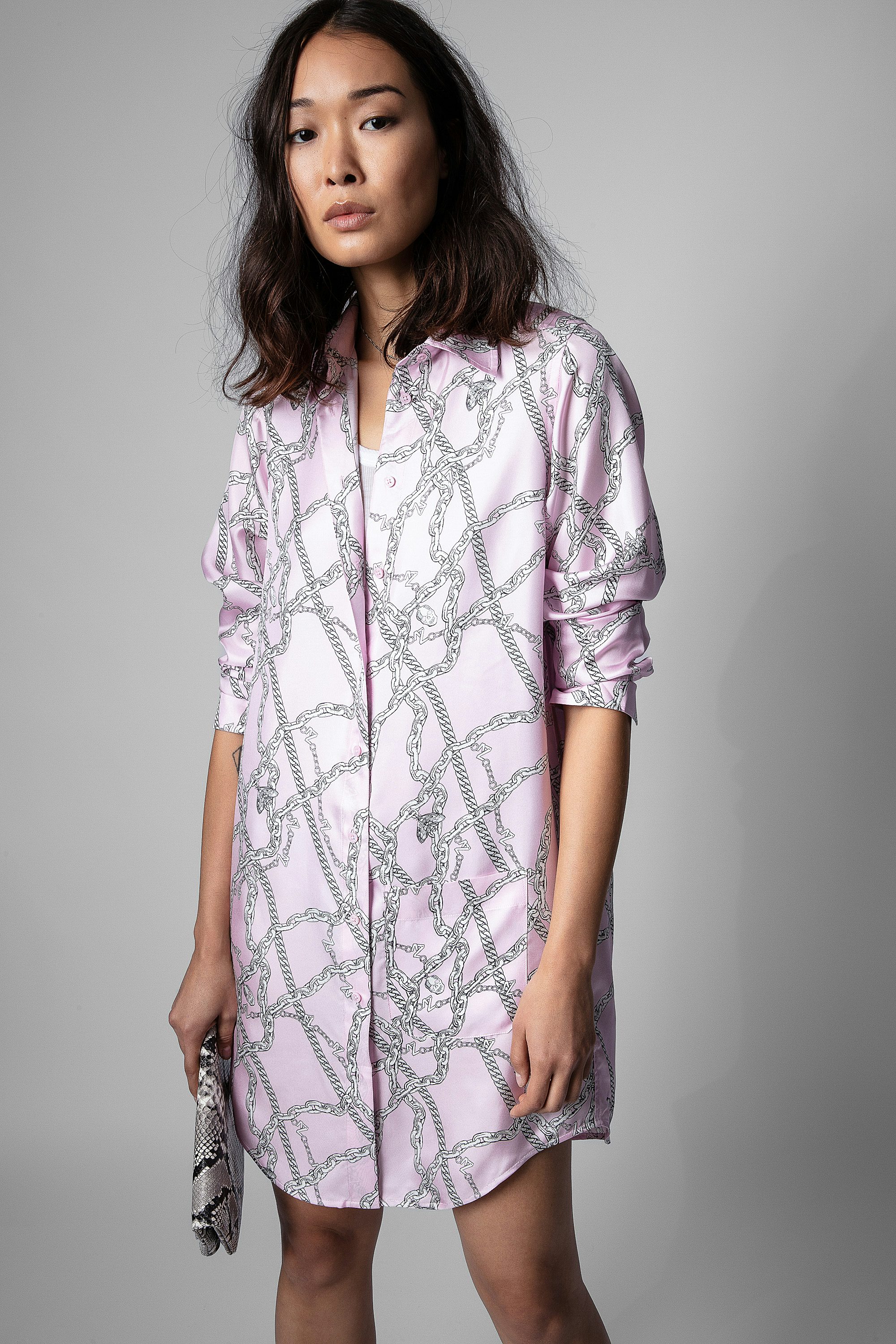 Rais Dress Silk - Women's pink shirt dress with chain pattern